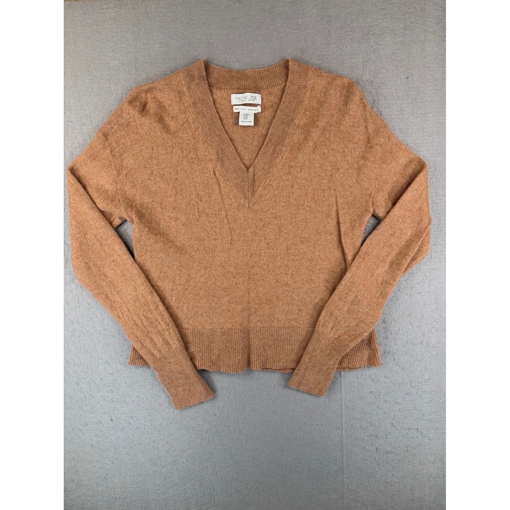 100% Cashmere Rachel Zoe Womens V-Neck Sweater Camel Brown Size Medium